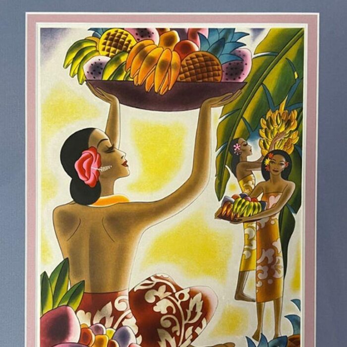 1930s art deco frank macintosh fruit harvest and hawaii the luau menu covers framed pair 0574