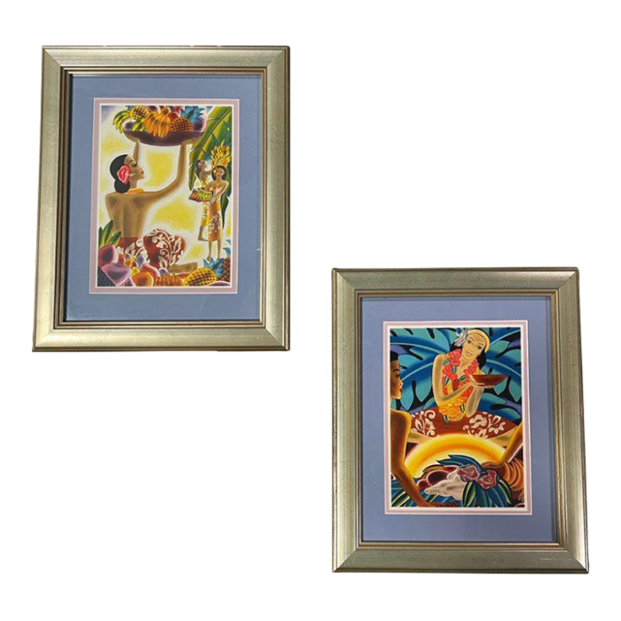 1930s art deco frank macintosh fruit harvest and hawaii the luau menu covers framed pair 0926