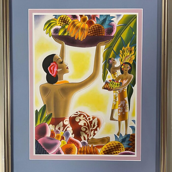 1930s art deco frank macintosh fruit harvest and hawaii the luau menu covers framed pair 2782