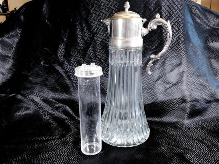 1930s glass wine server with silver metal lid and ice insert 5469