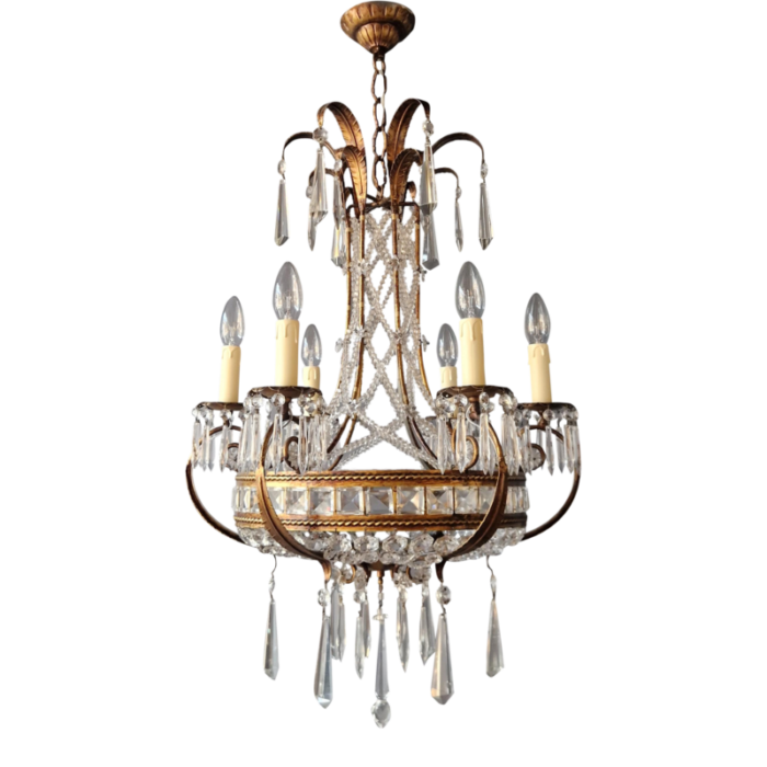 1930s neoclassical crystal lustre brass chandelier 2355