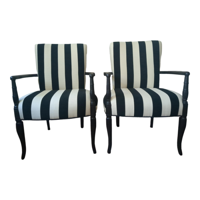 1940s pair of black chairs sheraton style with new upholstery in cream and black stripes 1361