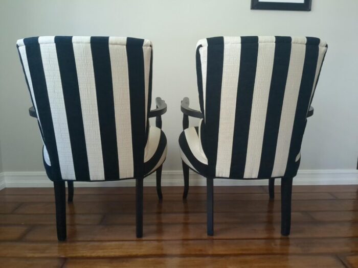 1940s pair of black chairs sheraton style with new upholstery in cream and black stripes 7577