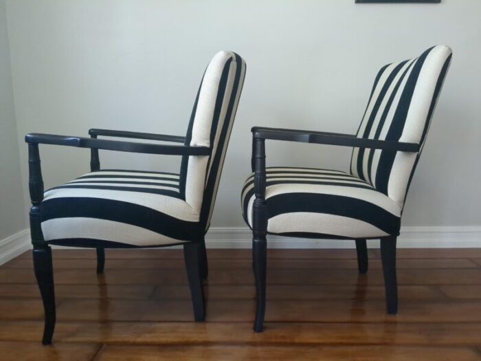 1940s pair of black chairs sheraton style with new upholstery in cream and black stripes 7675