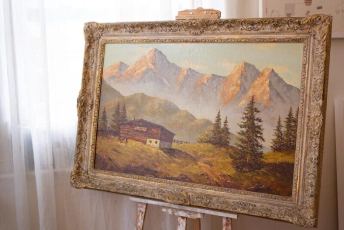 1950s large rustic framed landscape painting of mountain cabin 0284