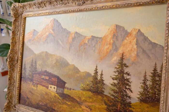 1950s large rustic framed landscape painting of mountain cabin 2111