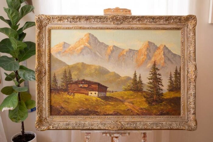 1950s large rustic framed landscape painting of mountain cabin 3103