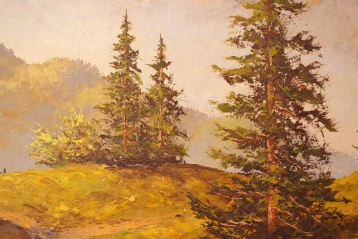 1950s large rustic framed landscape painting of mountain cabin 5645