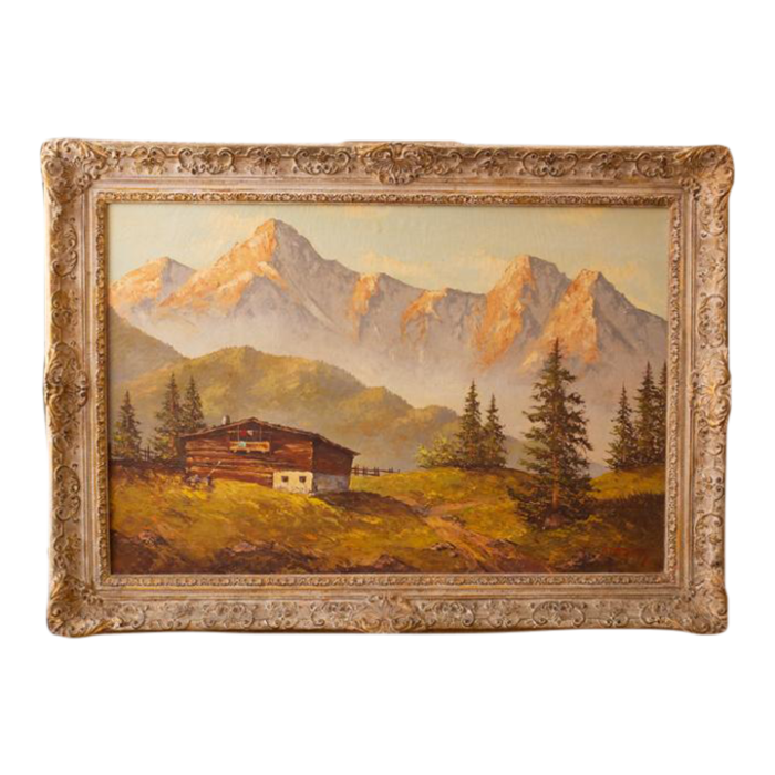 1950s large rustic framed landscape painting of mountain cabin 9498