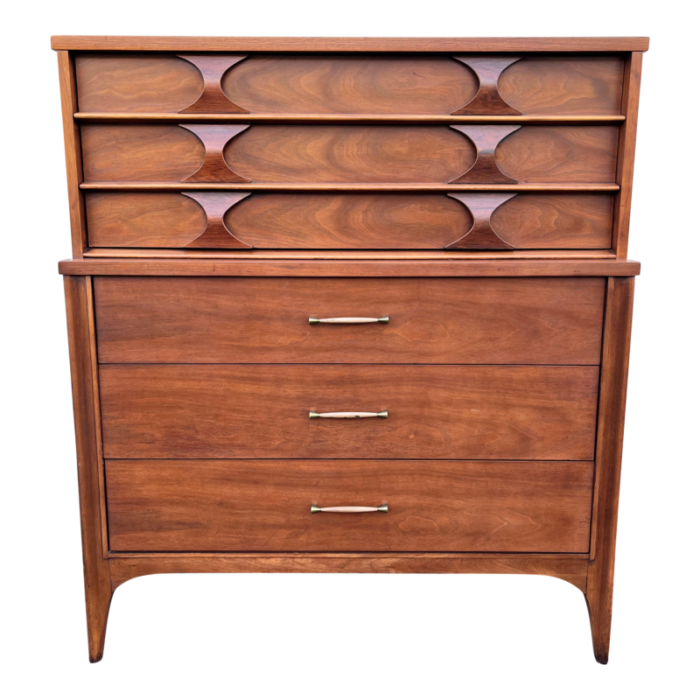 1960s kent coffey perspecta walnut and pecan 6 drawer highboy dresser 7541