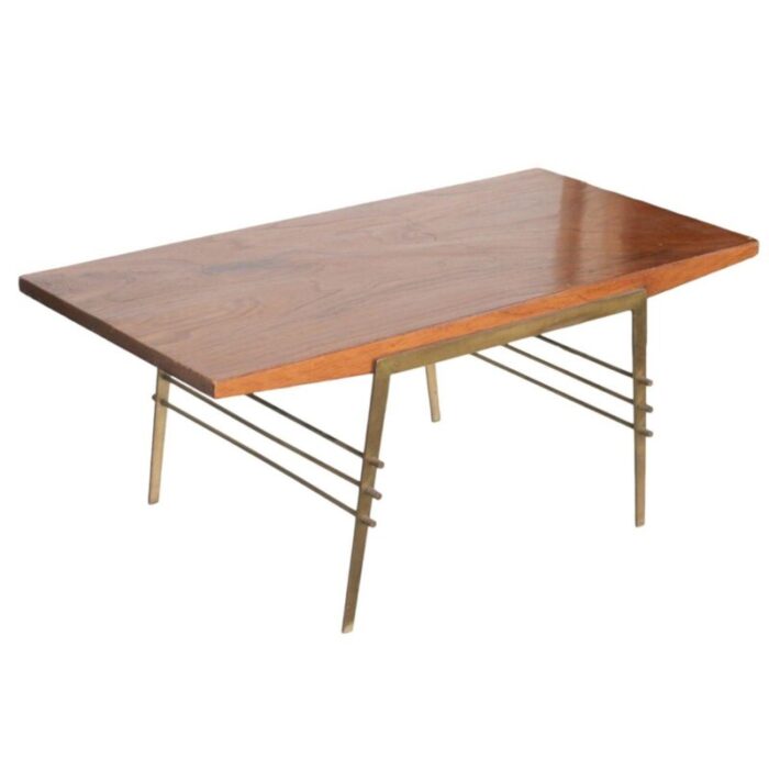 1960s mid century oak coffee table with brass architectural base 3551