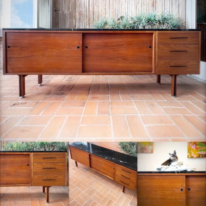 1960s stunning walnut credenza room divider with stone top and a finished back 0589