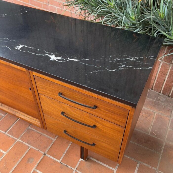 1960s stunning walnut credenza room divider with stone top and a finished back 2684