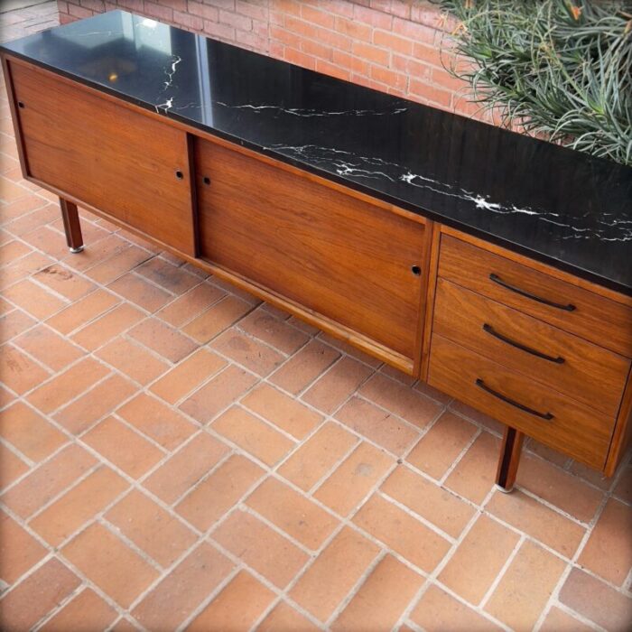 1960s stunning walnut credenza room divider with stone top and a finished back 3226