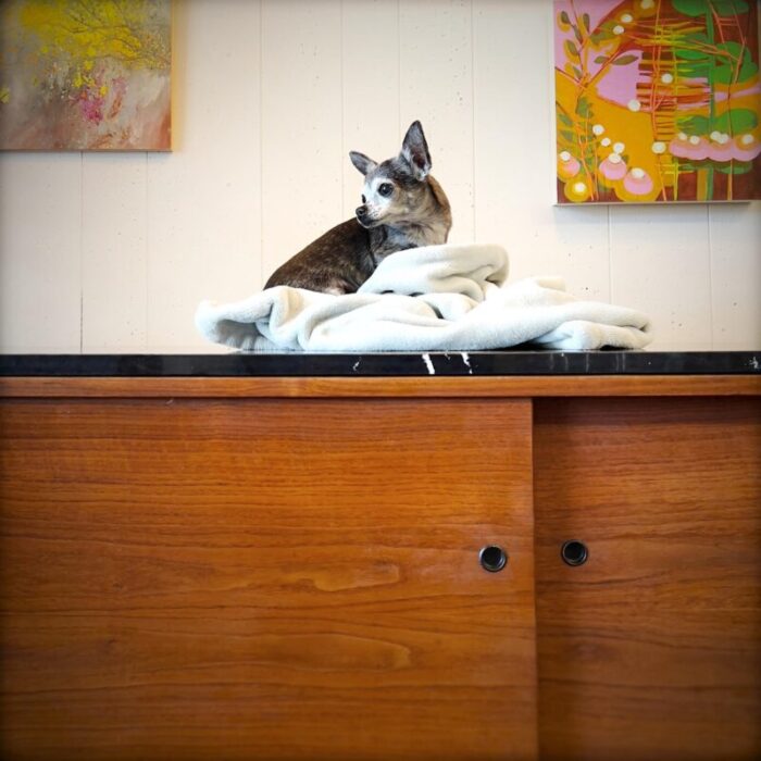 1960s stunning walnut credenza room divider with stone top and a finished back 3275