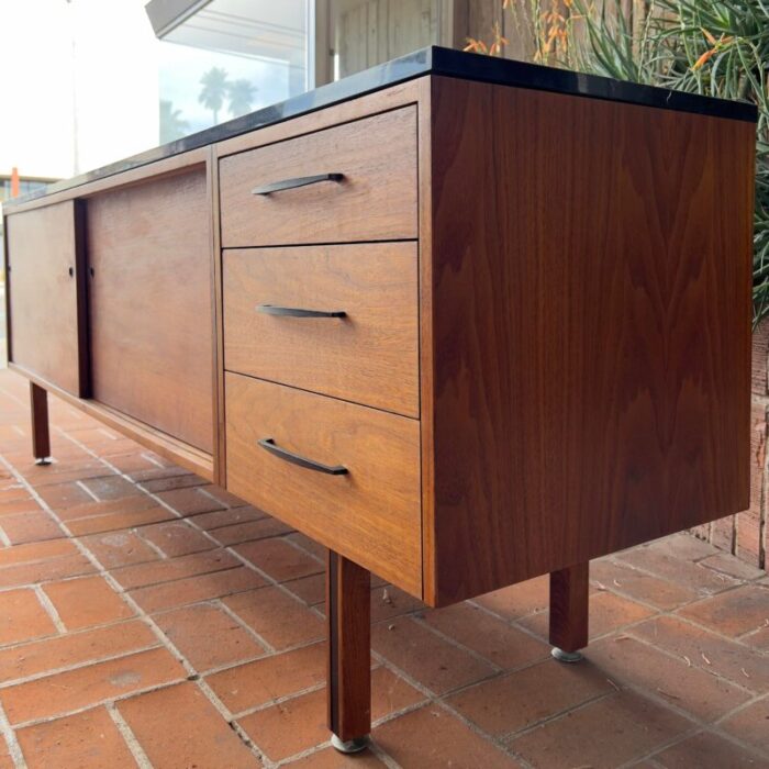 1960s stunning walnut credenza room divider with stone top and a finished back 4270