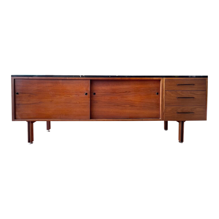 1960s stunning walnut credenza room divider with stone top and a finished back 4497