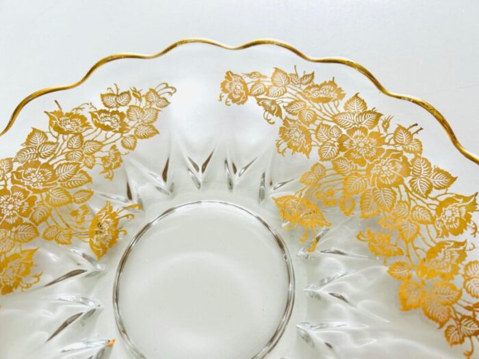 1960s vintage ruffled edge gold inlay glass floral platter 3921