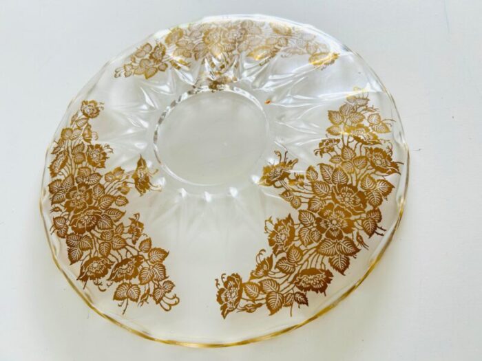 1960s vintage ruffled edge gold inlay glass floral platter 8142