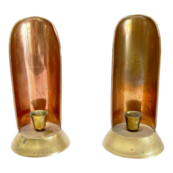 1970s copper reflector candle holder lanterns with wind screens and handles a pair 3394