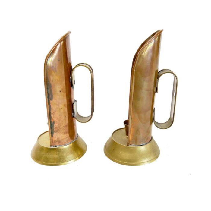 1970s copper reflector candle holder lanterns with wind screens and handles a pair 7147