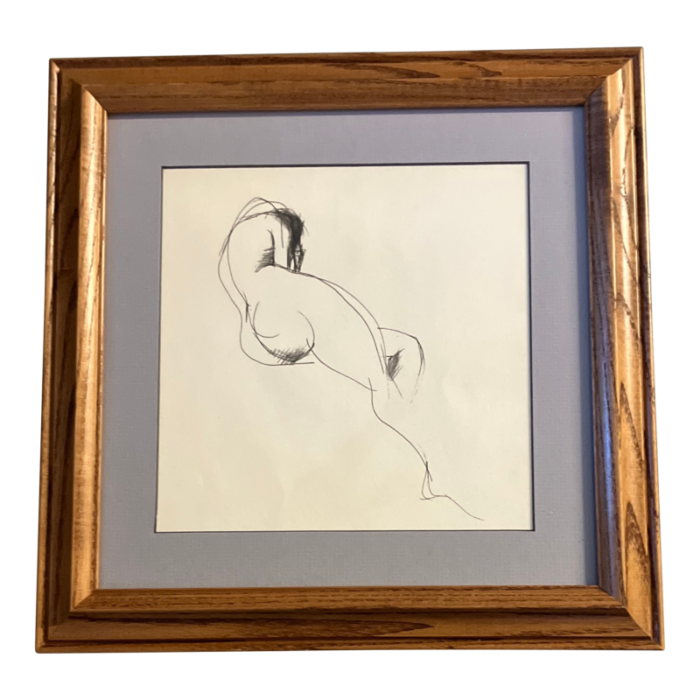 1970s original vintage abstract expressionist female nude pencil drawing vintage wood frame 0246