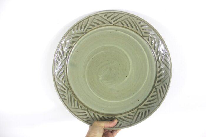 1970s vintage large green studio pottery platter signed 9353