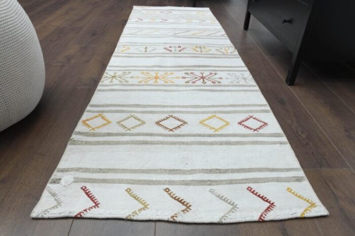 1970s vintage turkish handmade wool and cotton beige runner rug 0614