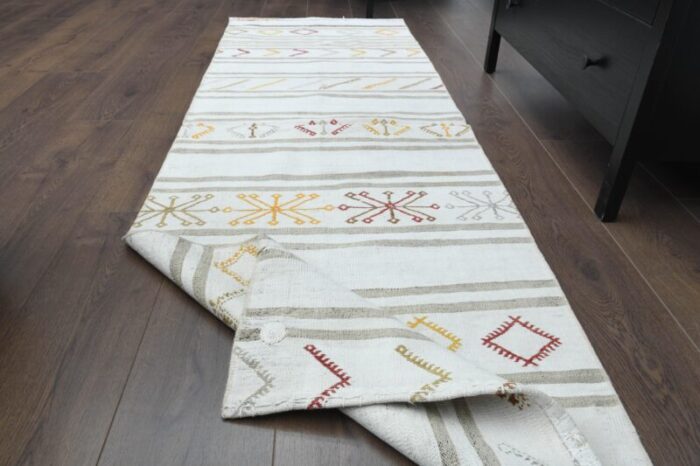 1970s vintage turkish handmade wool and cotton beige runner rug 7981