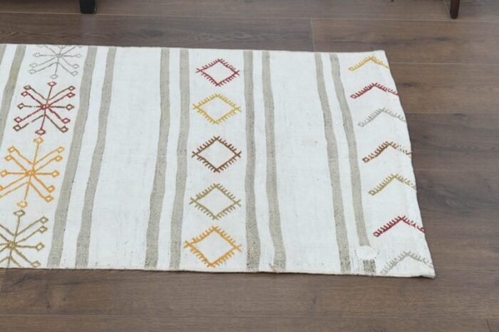 1970s vintage turkish handmade wool and cotton beige runner rug 9218