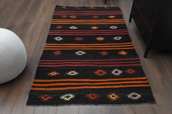 1970s vintage turkish handmade wool and cotton black runner rug 0178