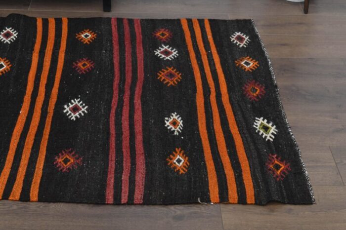 1970s vintage turkish handmade wool and cotton black runner rug 1320