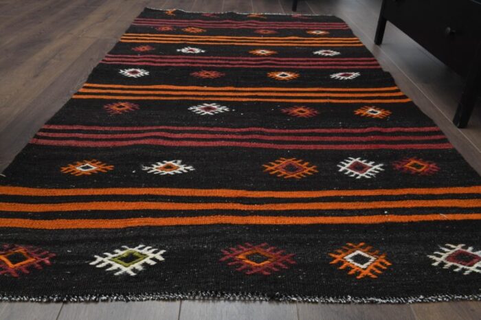 1970s vintage turkish handmade wool and cotton black runner rug 4019