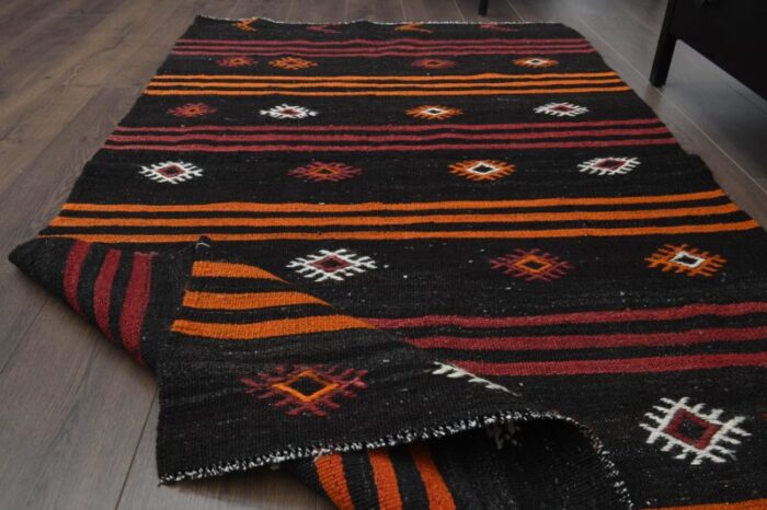 1970s vintage turkish handmade wool and cotton black runner rug 7634