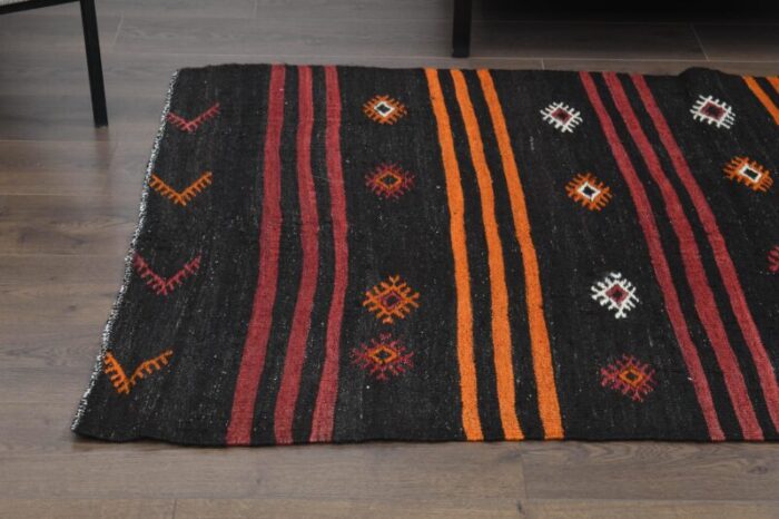 1970s vintage turkish handmade wool and cotton black runner rug 8266