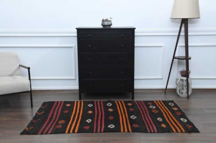 1970s vintage turkish handmade wool and cotton black runner rug 8543