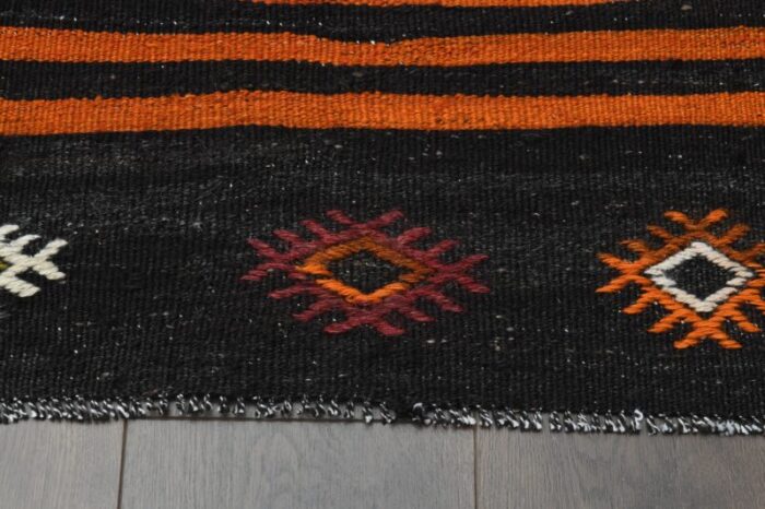 1970s vintage turkish handmade wool and cotton black runner rug 9893