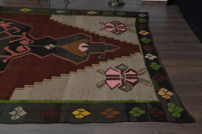 1970s vintage turkish handmade wool and cotton brown area rug 5653