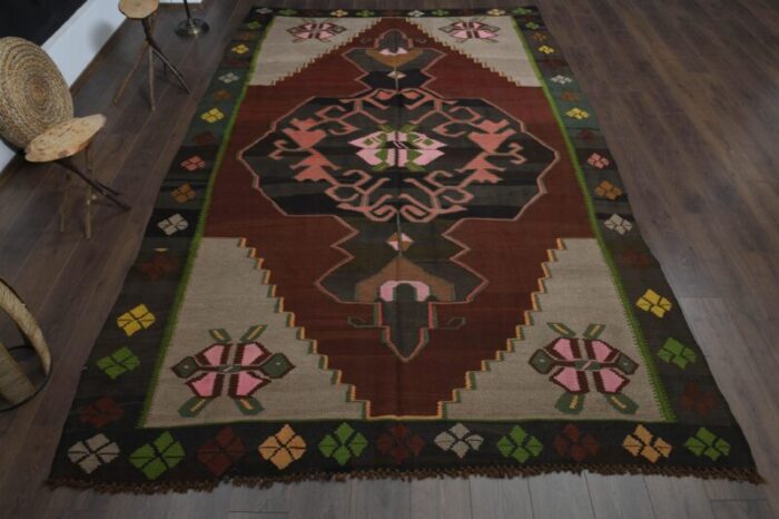 1970s vintage turkish handmade wool and cotton brown area rug 7518