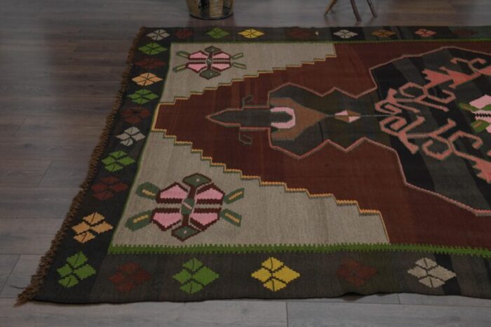 1970s vintage turkish handmade wool and cotton brown area rug 7721