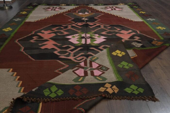 1970s vintage turkish handmade wool and cotton brown area rug 9537