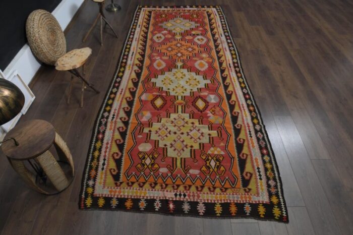 1970s vintage turkish handmade wool and cotton pink runner rug 1769