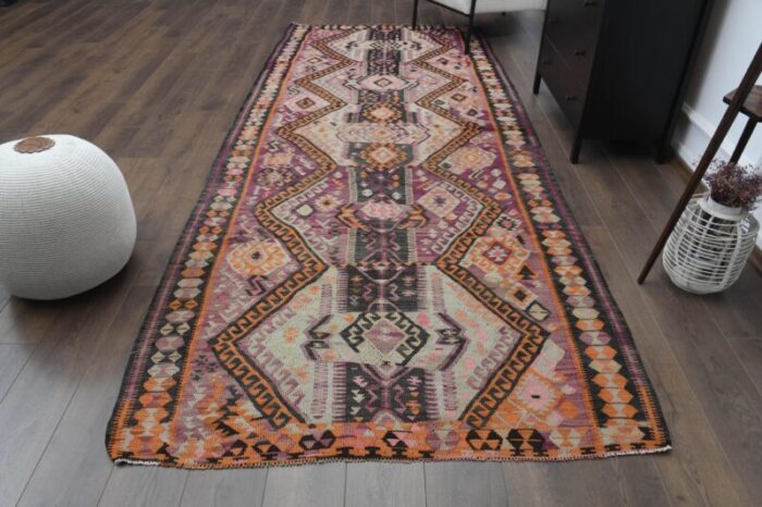 1970s vintage turkish handmade wool and cotton purple runner rug 3277