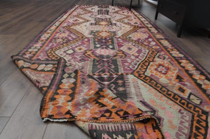 1970s vintage turkish handmade wool and cotton purple runner rug 4959