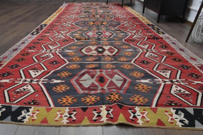 1970s vintage turkish handmade wool and cotton red runner rug 5136