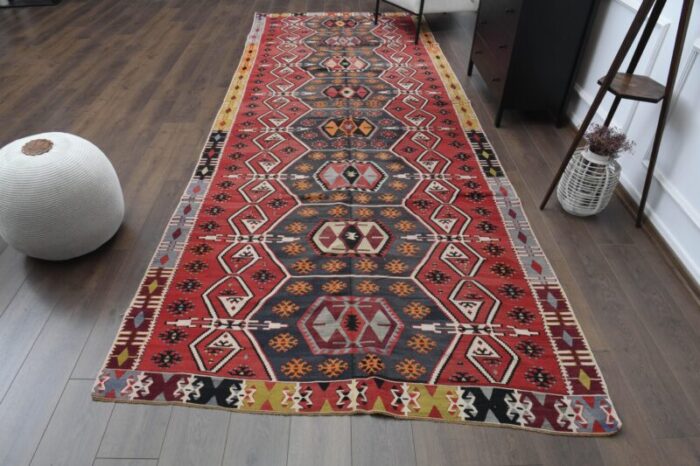 1970s vintage turkish handmade wool and cotton red runner rug 6524