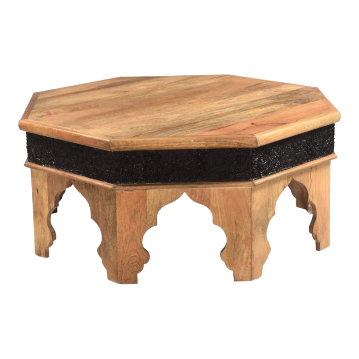 1980s mediterranean style solid wood hexagon small coffee table with vintage stamps carved border 4973