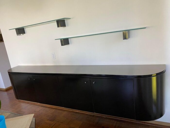 1980s modern floating glass shelves with black lacquer brackets a pair 0756