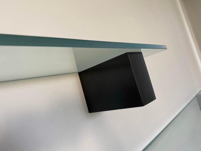 1980s modern floating glass shelves with black lacquer brackets a pair 1247