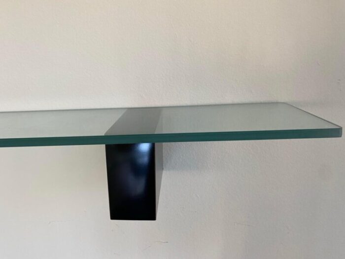 1980s modern floating glass shelves with black lacquer brackets a pair 2554